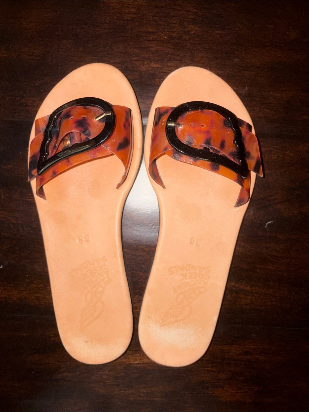 Ancient Greek Sandals Tan Slides with Tortoiseshell Buckle
